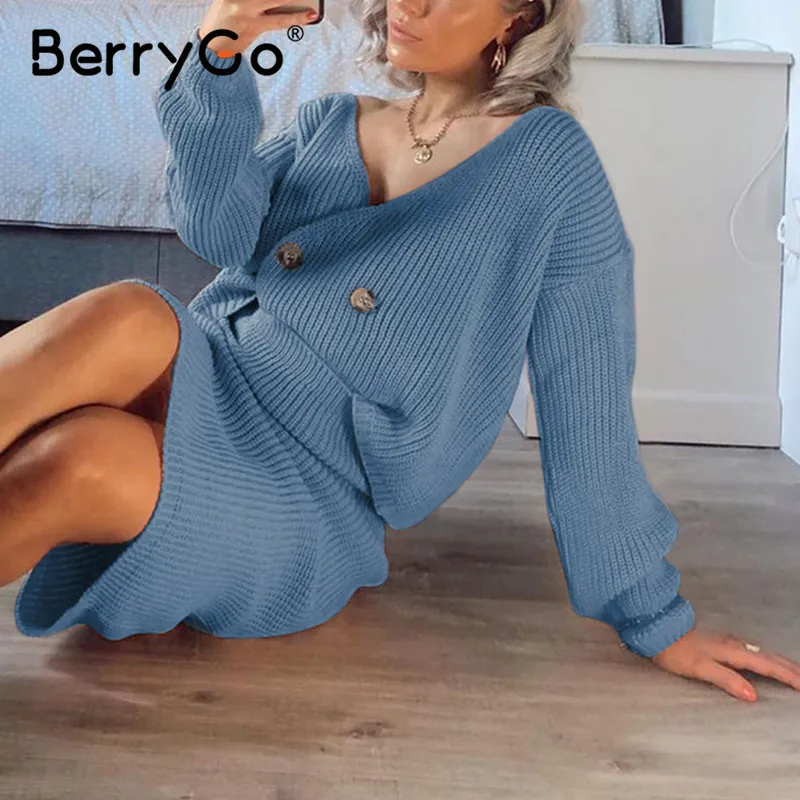 BerryGo Sexy V-Ausschnitt Frauen Strickrock Anzüge Herbst Winter Langarm zweiteiliges Kleid Elegante Party weibliche Pullover Kleid blau 201030