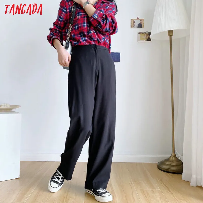 Tangada 2020 summer fashion women beige long suit pants trousers pockets strethy waist office lady pants pantalon LJ201029