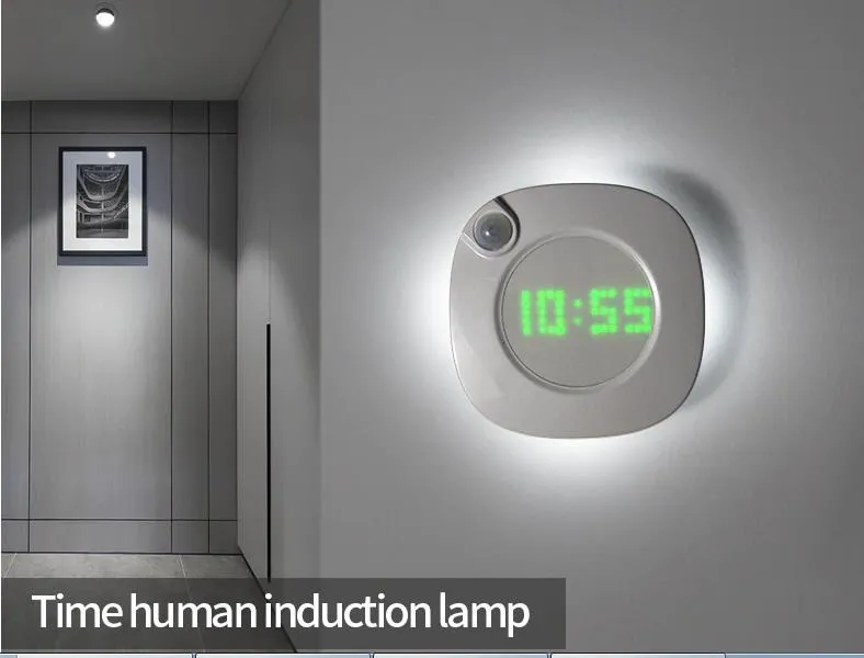 Lampe murale LED avec détecteur de mouvement, veilleuse d'intérieur avec horloge, pour salle de bain, chambre à coucher, couloir, décoration de vanité, 253v