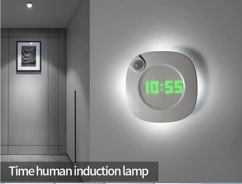 Sensore di movimento Lampada da parete a LED Magnete Luce notturna interni con orologio bagno Camera da letto Corridoio Decor Vanity Wall Light303F