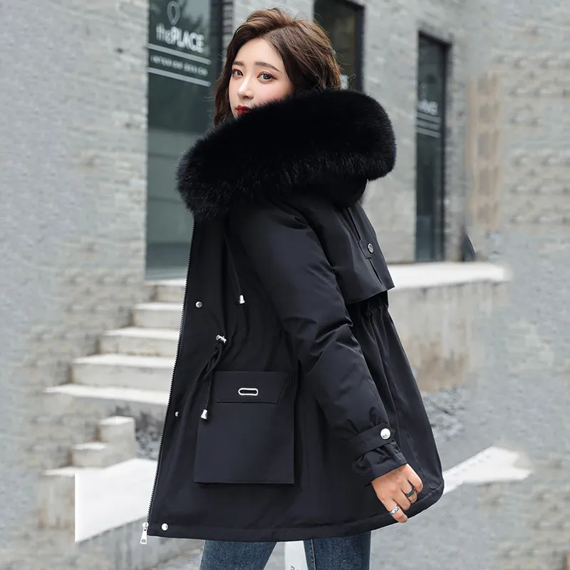 Long Jacket Women Winter Slim Wool Liner Female Cold Coat Hooded Solid Thick With Fur Collar Plus Size Casual Parkas Female 201125