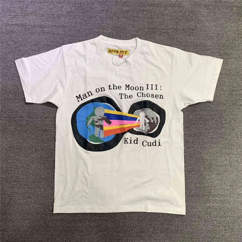 Skummande tryck CPFM x Kid Cudi Man On The Moon III T-shirt Herr Dam 1:1 Högkvalitativ Svart Vit Streetwear T-shirts Ny G1229