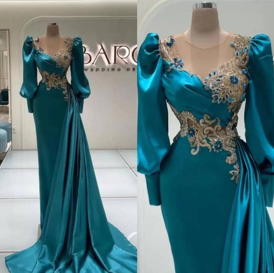 Vestido de noche de sirena con cuentas sexy, vestidos de fiesta de satén azul de manga larga con tren, ropa de fiesta para mujeres famosas BES121