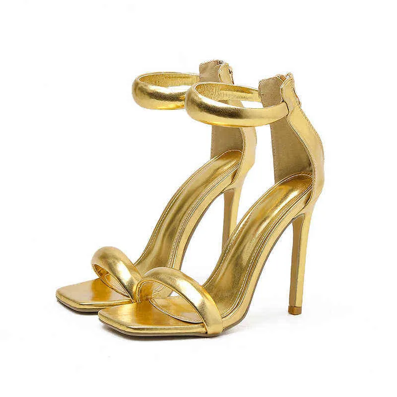 Sapatos de vestido New Sexy Mulheres Sandálias Dourado Cor De Voltar Zipper Lady Party Weeding Fino Salto alto Menina Praça Toe 42 Grandes Tamanhos 220303