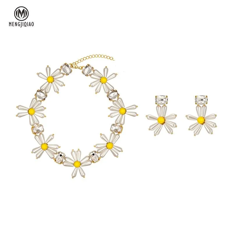 MENGJIQIAO mode coréenne jaune perle fleur collier ras du cou pour femmes filles élégant métal cristal pendentifs fête bijoux cadeaux 1295P