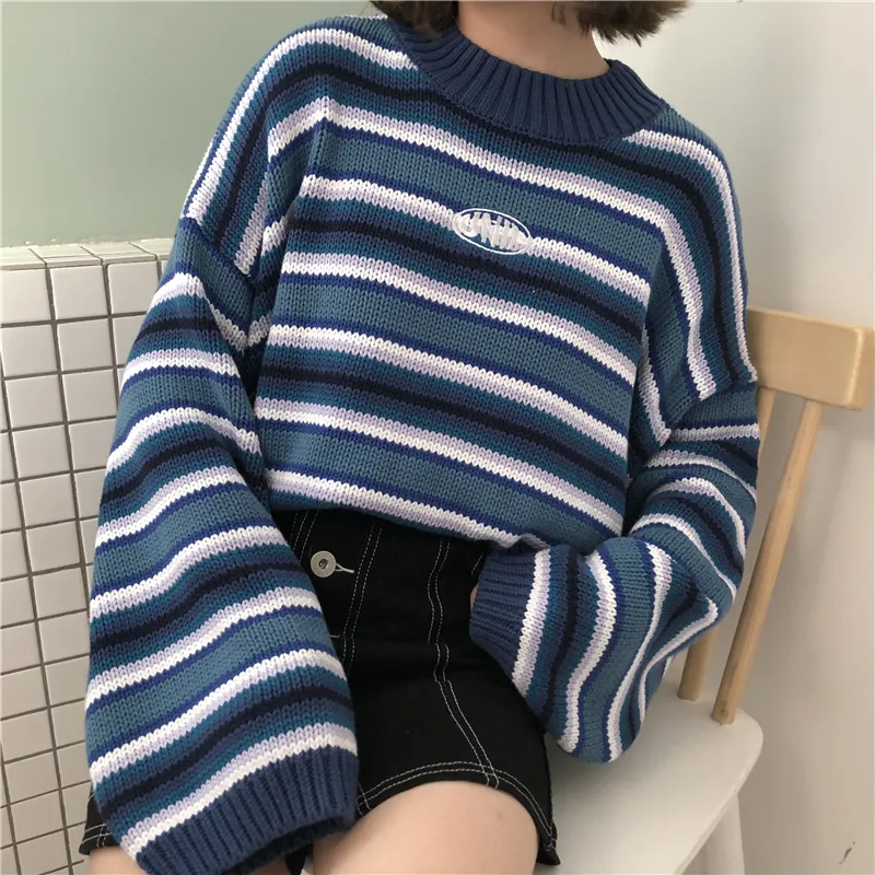 Свитера женских свитеров Clarissa Sweater Blue White Striped Негабаритная перемычка вышитая машетка.