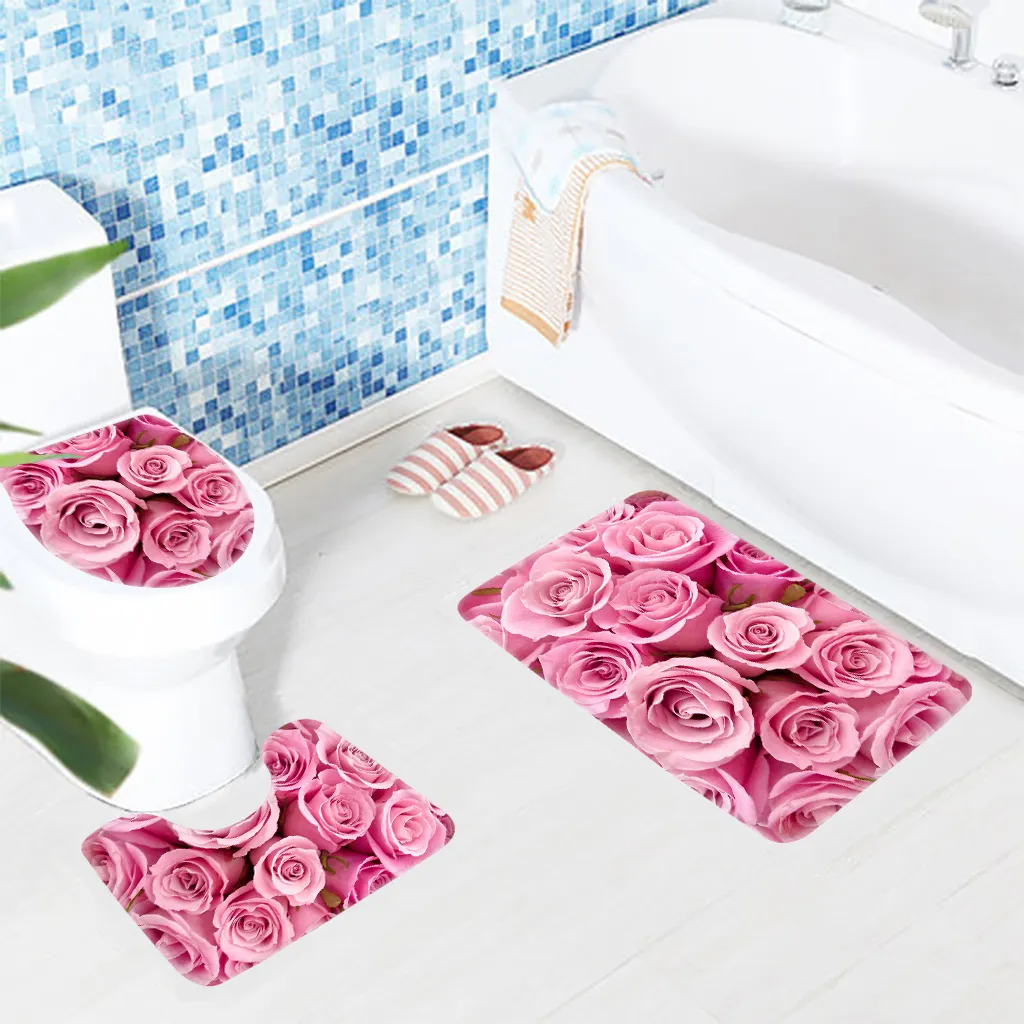 Juego de 3 uds de alfombrilla antideslizante para baño con diseño de rosas rosadas, productos de baño 201211209I