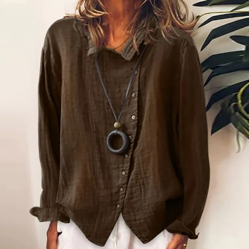 Nya kvinnor bomullslinne blusskjortor Autumn Turn-down krage-knapp Öppen Stitch Top Elegant Long Sleeve Solid Bluses 201202