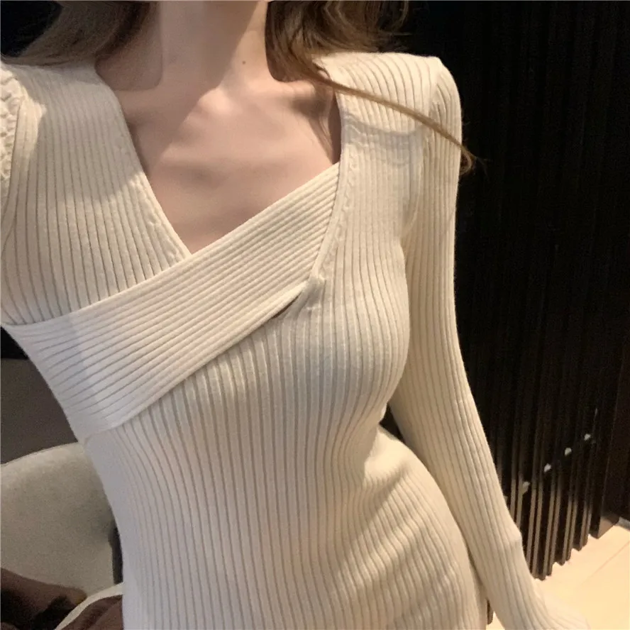 Nomikuma femmes mince fendu pull robe à manches longues col en v coréen élégant robes en tricot 2020 automne hiver Baisc Vestidos LJ201203