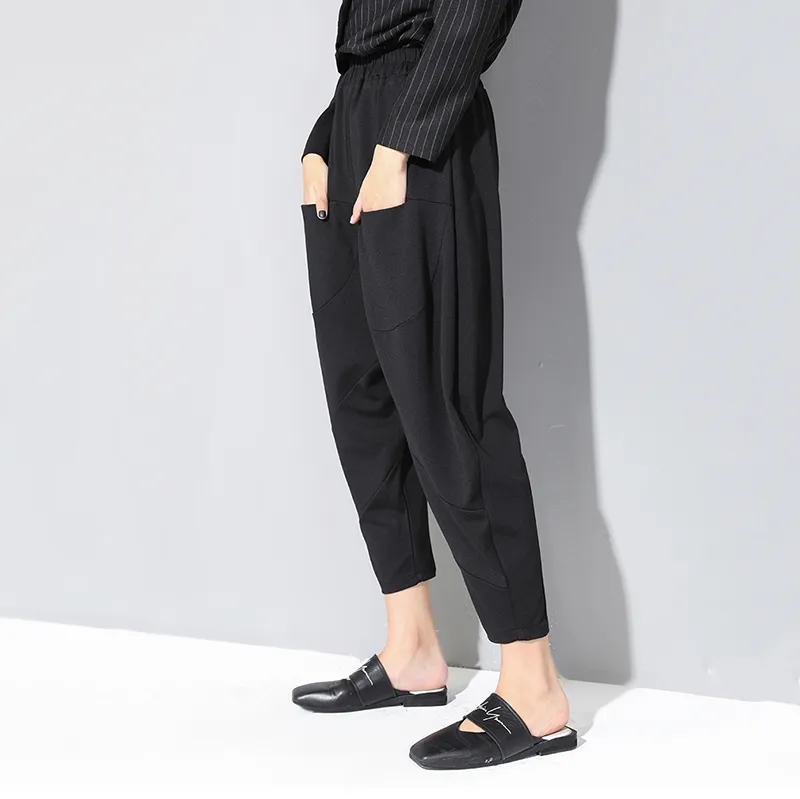 [Eam] nova primavera outono alta cintura elástica solta bolso preto split junta solta harem calças mulheres calças moda jx5070 201106