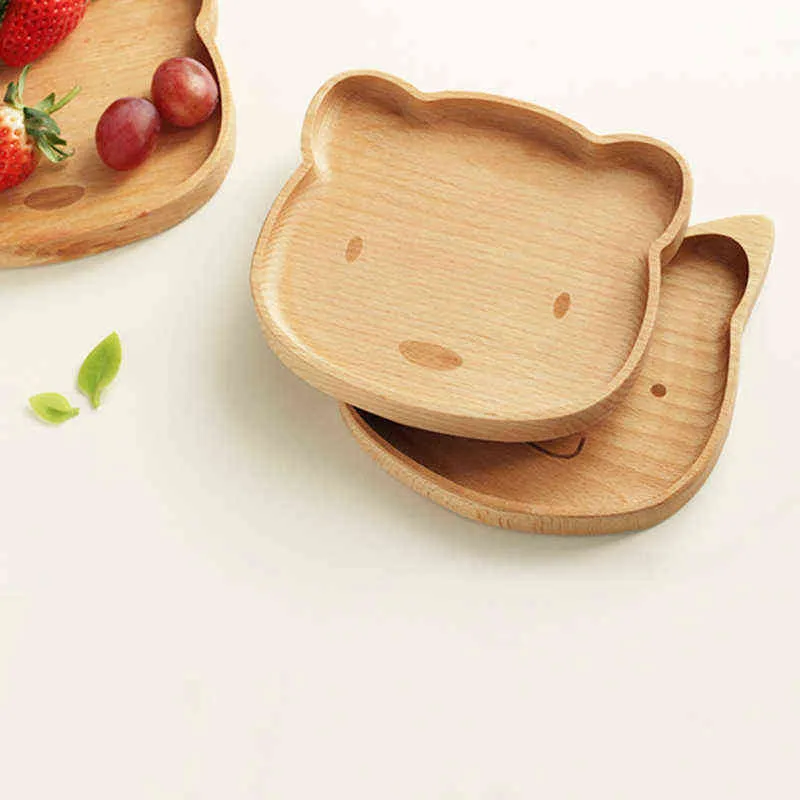 Baby Wooden Feeding Plate Food Tableware Cartoon Bear Food Grade Silicone Fork Spoon BPA Free Children's Dinnerware Kids Dishes G1221