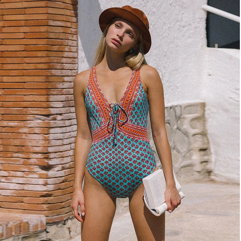 New Sexy Swimsuit Deep V Swimwear Women Ruffle Flugue Beach Weat Strappy Monokini Backless Print Bathing Suit T200114