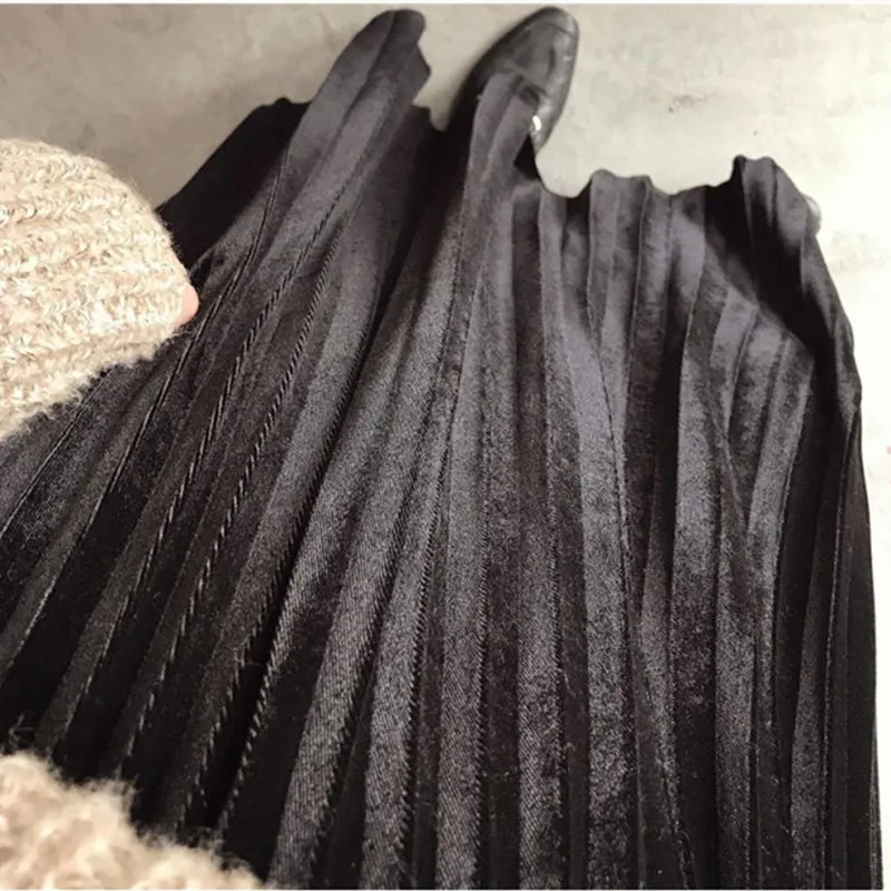 Harajuku Long High Waist Woman Skirts Saias Casual Vintage Solid Black Office Ladies Pleated Skirts Fashion Mujer Faldas Q3357 Y1214