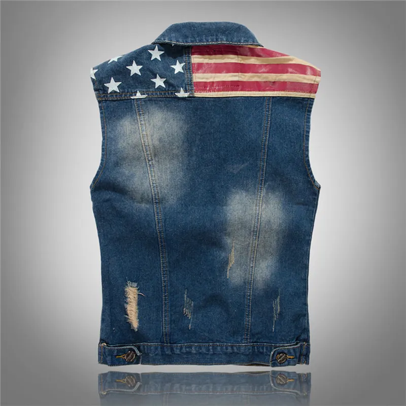 Faliza Men's Vest Jacket veckad Design Denim Vest America Flag Blue Waistcoat ärmlösa jeansjackor Hip Hop Jean Coats MJ102 201127