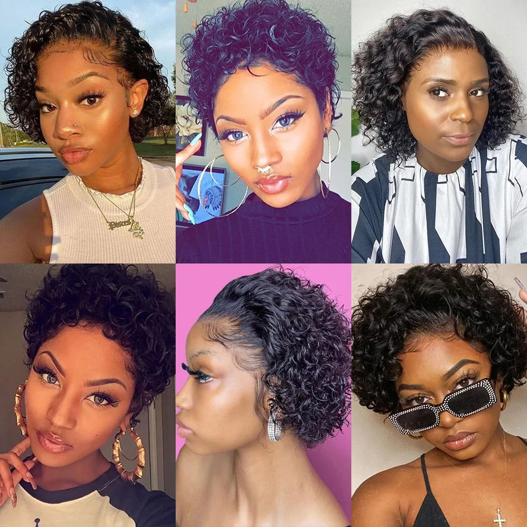 Pixie Cut Wig Short Cheap Curly Human Hair Wig 13x1 Transparent Lace Wigs For Women Human Hair Water Wave Loose Deep Wave Wigfactory direct