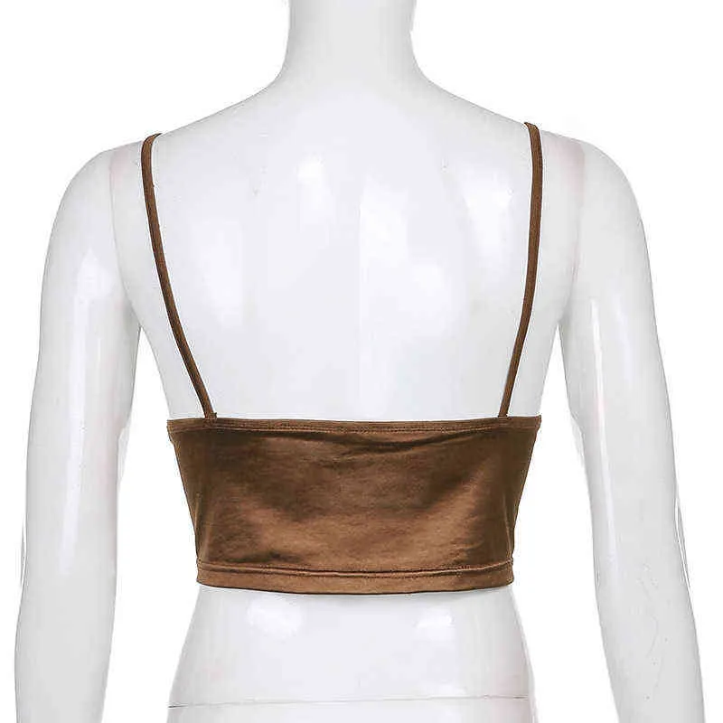 SEASONS V Neck Sexy Sleeveless Satin Crop Tops Tees Summer Brown Y2K Spaghetti Strap Cami Top Fashion 2021 Streetwear ASVE82490 Y220304