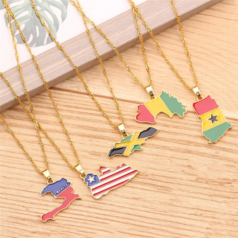 National Flag Map Pendant Necklace Jamaica North America South Africa Nigeria Egypt Fashion Jewelry Gifts For Women Kids Y12282h