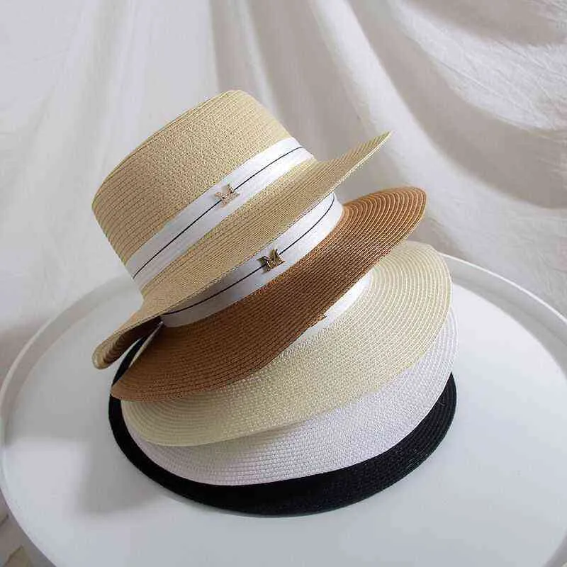 Yeni Moda Kadınlar Düz Üst Güneş Şapka Kadın Yaz M harfi Hasır Şapka Yaz Visor Caps Bayanlar Güneş Kremi Plaj Şapkalar Seyahat Şapka G220304
