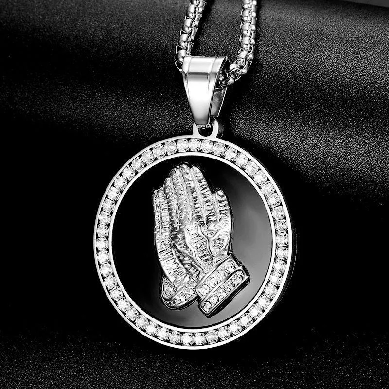 Hip Hop Iced Out Praying Hand Pendant med Mens Chain Gold Color Rostfritt stål CZ Charm Runda halsbandsmycken Male Gift1230R