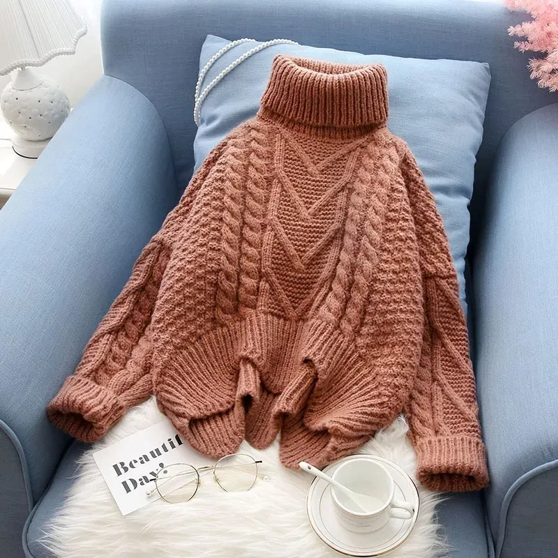 Hauts tricotés en automne hiver pull coréen femmes plat tricoté pulls à col roulé pull oversize 201224