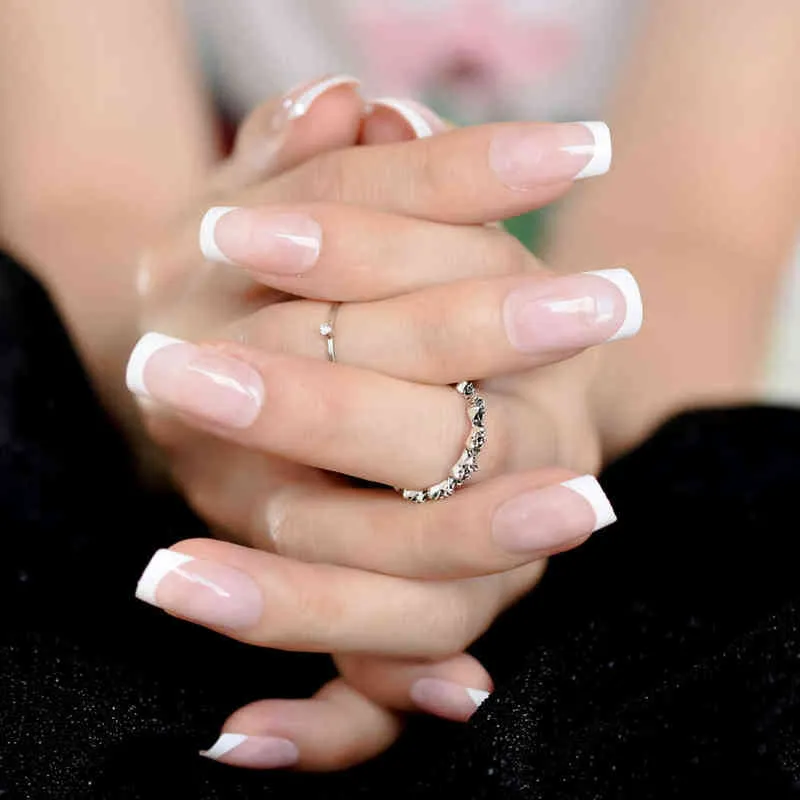 Faux Ongles Bonjour Paris Ongle Français Classique Moyen Ongles Artificiels Naturels Carré Blanc Style Sourire Ligne Finfernails 220225