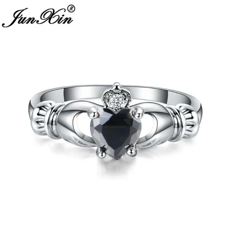 Anéis de casamento Junxin luxo feminino coração anel claddagh branco ouro cheio jóias moda para mulheres nascimento pedra presentes1284f