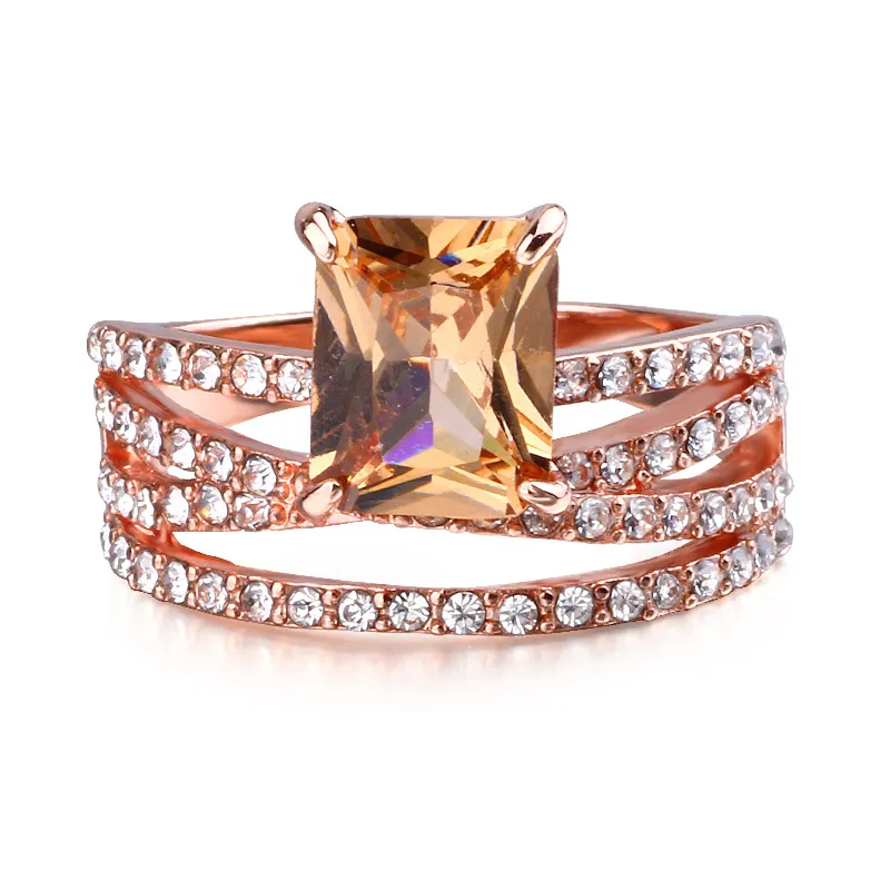 14k Rose Gold Sparkling Diamond Square Ring European och American Champagne Wedding Engagement Fingers Rings