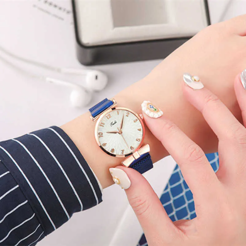 Роскошные женские часы 6 шт. Набор элегантных женских браслетов магнитная сетка лента розовый женщина-часы браслет монтре femme reloj mujer
