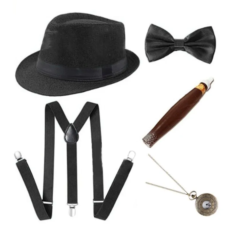 1920er-Jahre-Herren-Cosplay-Gangster-Kostüm-Zubehör-Set, Manhattan-Hut, Hosenträger, vorgebundene Fliege, gefälschte Plastikzigarre, Taschenuhr 201027