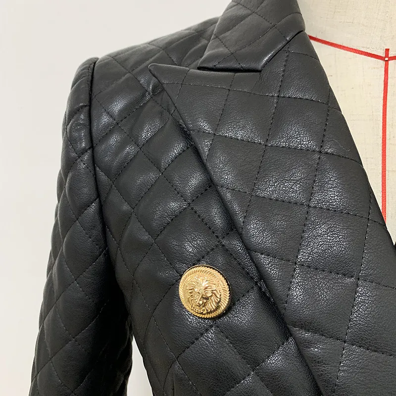 TOP QUALITY Date Designer Veste Femmes Double Boutonnage Lion Boutons Grille Couture En Cuir Synthétique Blazer 201201