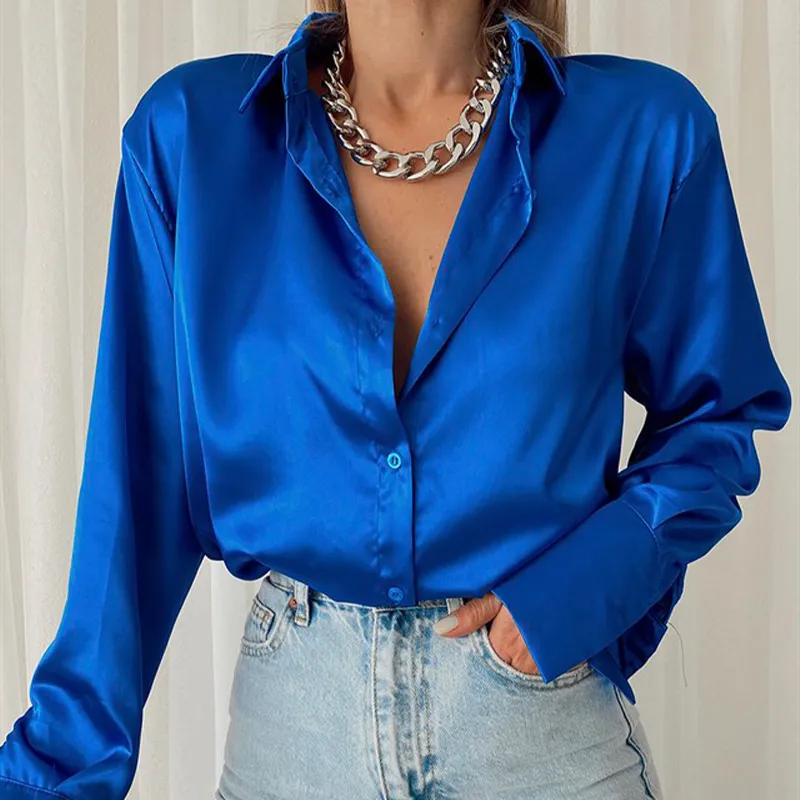 Satijnen damesoverhemd Polokraag Office Lady blouse Vintage blauw groen zijden overhemd Losse button-up-down shirts Zwart mode-tops 220623