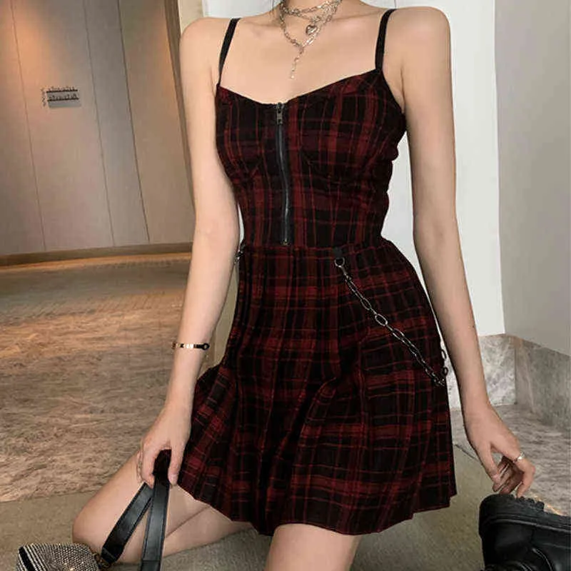 Gothic Girls Red Plaid geplooid emo alt jurk y2k zip up robe femme punk zwarte spaghetti riem mini korte jurken goth streetwear 220121