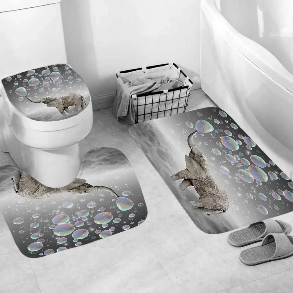 4 -stcs olifant waterdichte polyester bubbels badkamer douchegordijn toiletomslag mat niet -slip vloermat tapijt set met 12 hooks 201022885903