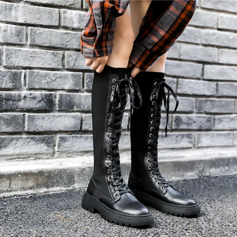 Rasmeup Leather Kintted Elastic Women039s Knee High Boots 2020 Women Platform Avvolgimento Long Up Lady Chunky Shoes Plus SI5875213