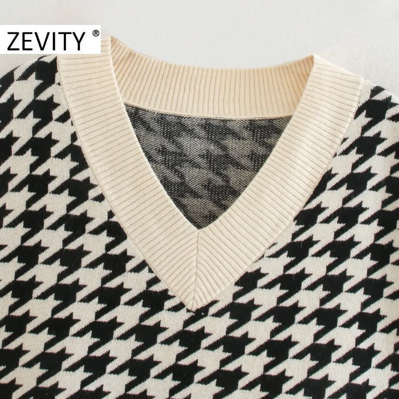 Zevity femmes Vintage col en V pied de poule impression tricot gilet pull femme côté fendu pull Chic loisirs pull hauts S448 201221