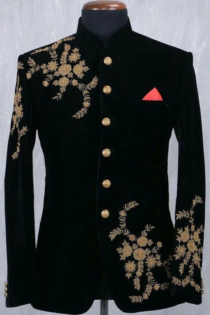 черный мужской костюм роскошные золотые аппликации из бисера однобортный мужской костюм сшитый на заказ костюм тонкий формальный мужской пиджак на заказ жених su297g