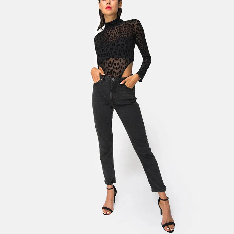 Svart sexig ren mesh bodysuit för kvinnor leopard transparent topp elegant höst långärmad jumpsuit mager rompers 220226