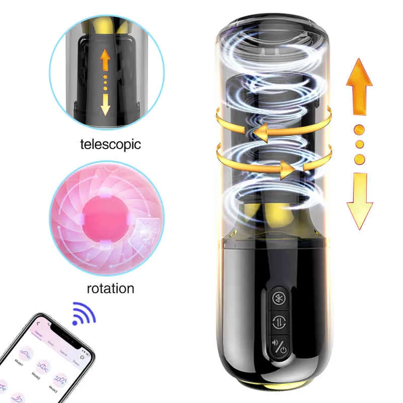 Automatyczna Męska Masturbator Puchar Rotacji Teleskopowe aplikacja Bluetooth Control Pochwa Kieszonka cipka wibracja wibrująca seks ustny