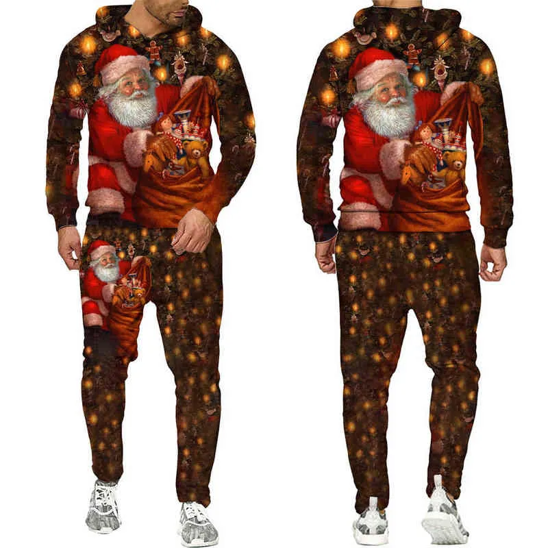 Christmas Gift All Print Hoodies Pants Men's 3D Tracksuits Unisex Christmas Snowman Pullover Sweatshirt Streetwear Suits 220209