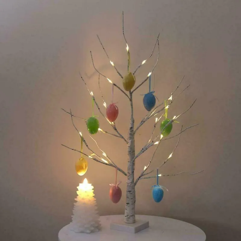 60 cm witte paasboom met verlichting decoratieve paaseieren voor hangornamenten takje boom lamp decoraties 24 LED-verlichting wit Y0107296j