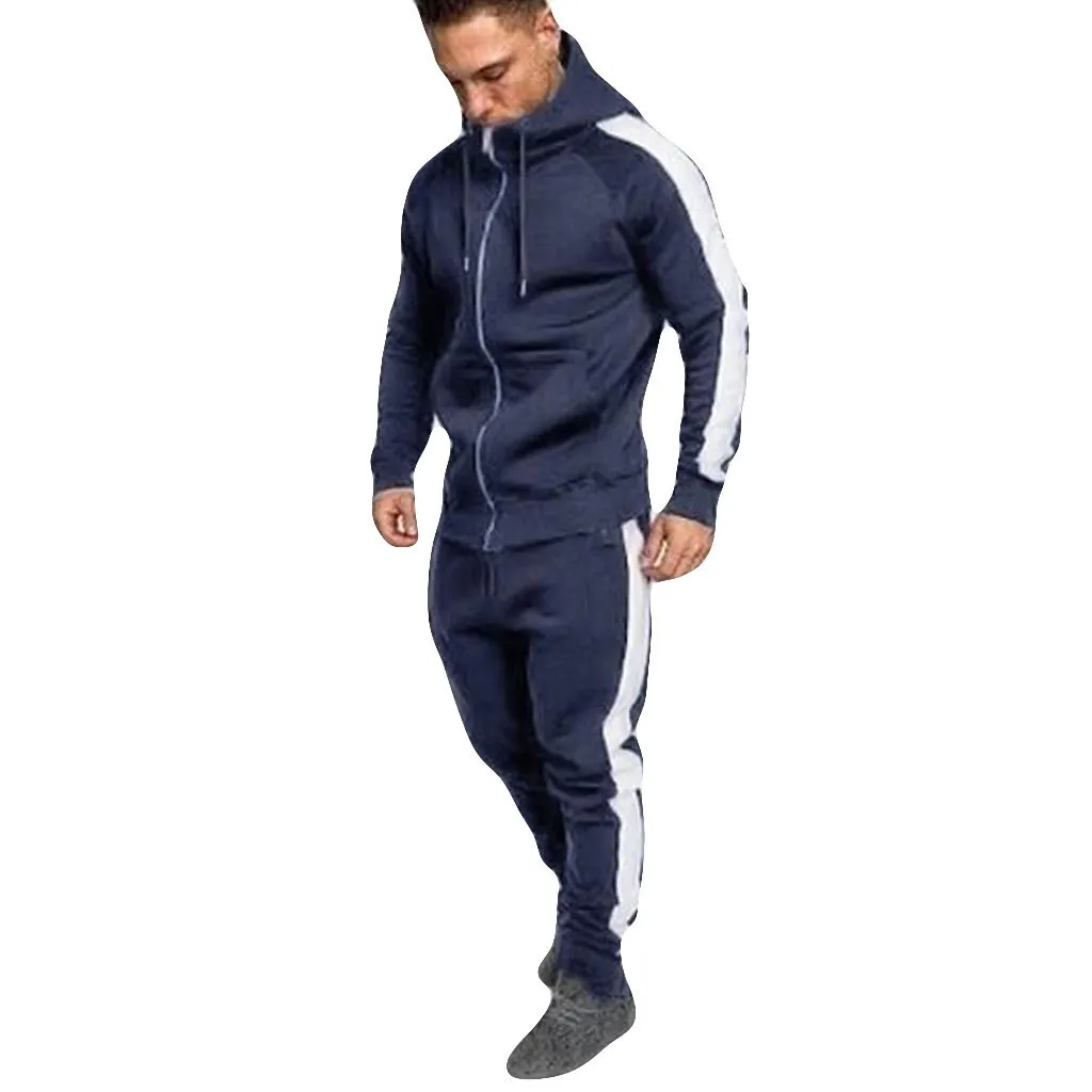 Mäns Casual Stitching Tracksuit Långärmad Zipper Hooded Sweatshirt Byxor Satser Vinter Jogging Sport Varmt Hoodies Suit # Z LJ201125