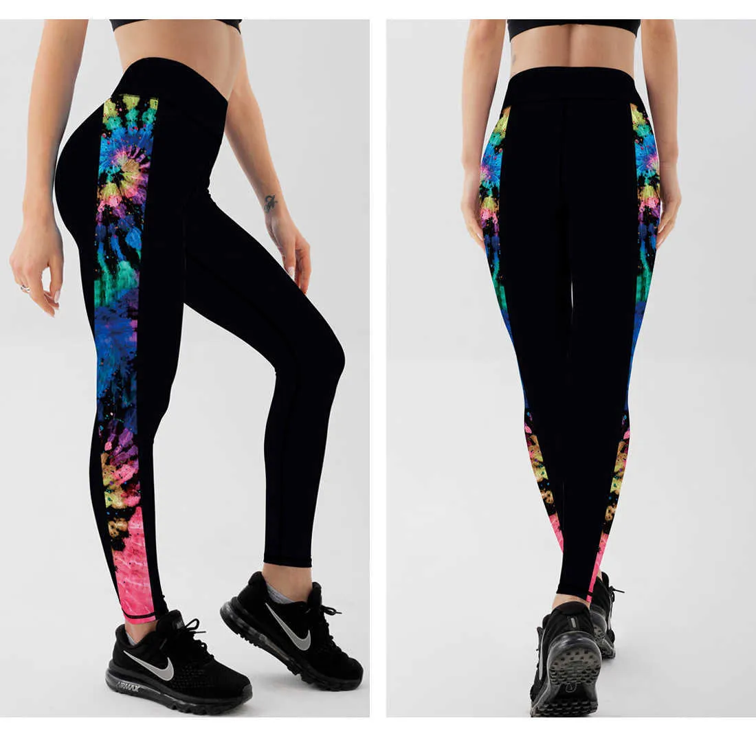 Leggings con motivo floreale laterale semplice fitness Pantalone da palestra a vita alta Push Up Stampato Allenamento Running 211221