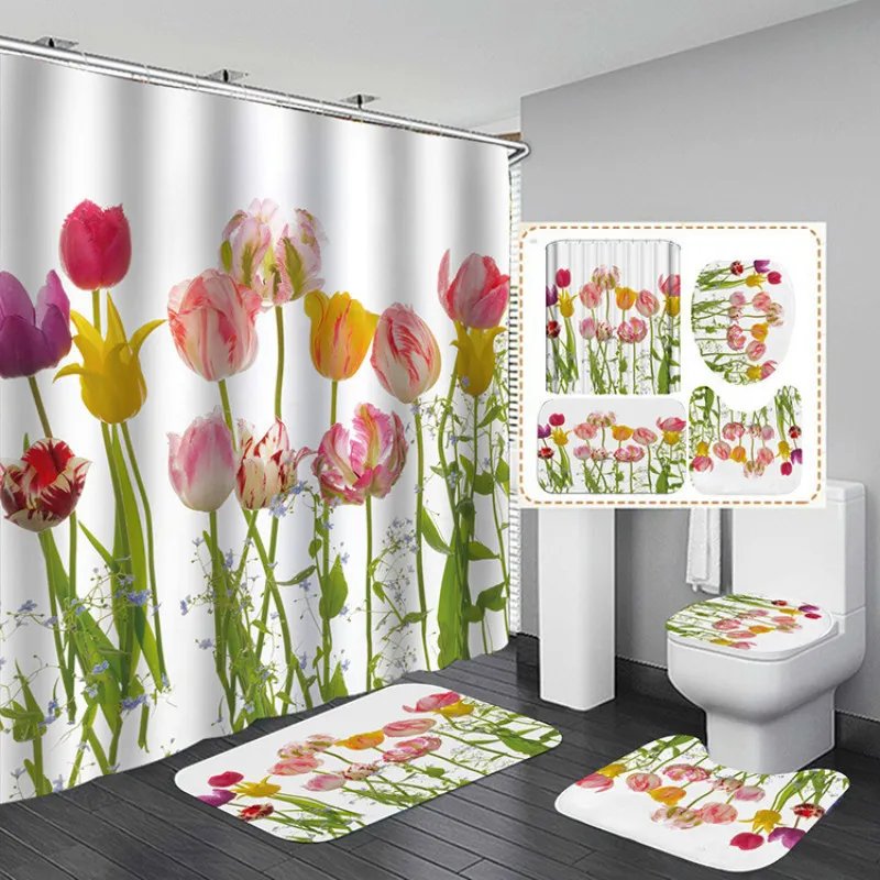 Rideau de douche imprimé de gros fleurs rose sertie de tapis antidérapant Tapis de toilette Toitub Screen de toilette imperméable décor de salle de bain avec crochets 201128
