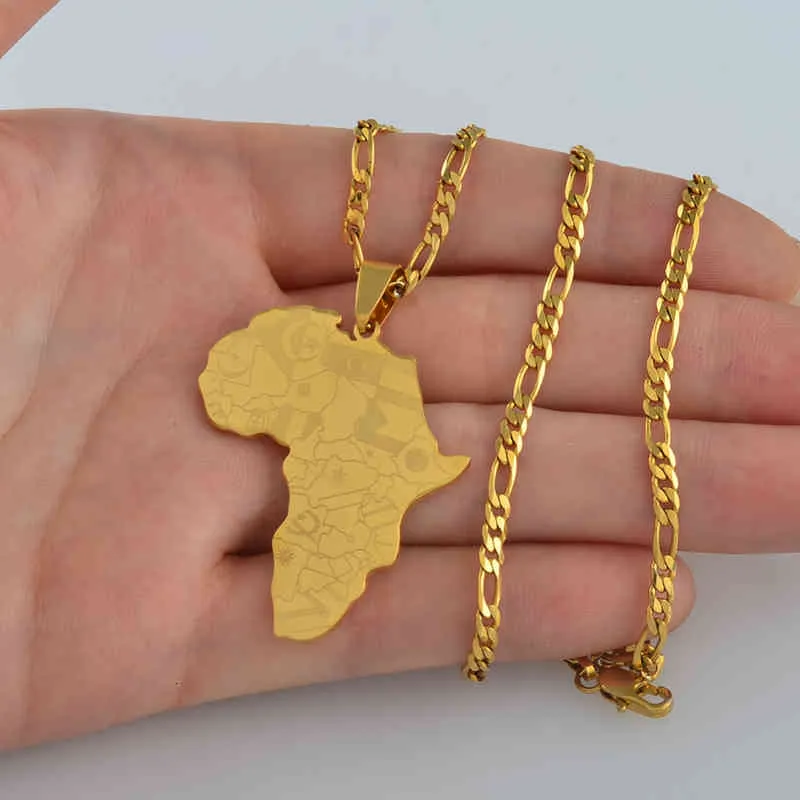 Anniyo Argento Colore oro Mappa dell'Africa con bandiera Collane a catena con ciondolo Mappe africane Gioielli donna Uomo #035321p226R
