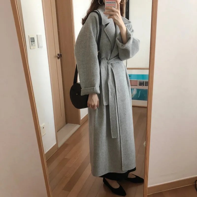 Wiosna Jesień Zima Damska Dorywcza Wełna Mieszanka Trench Coat Oversize Long Coat z Belt Cashmere Outerwear Hurtownie OEM 210515