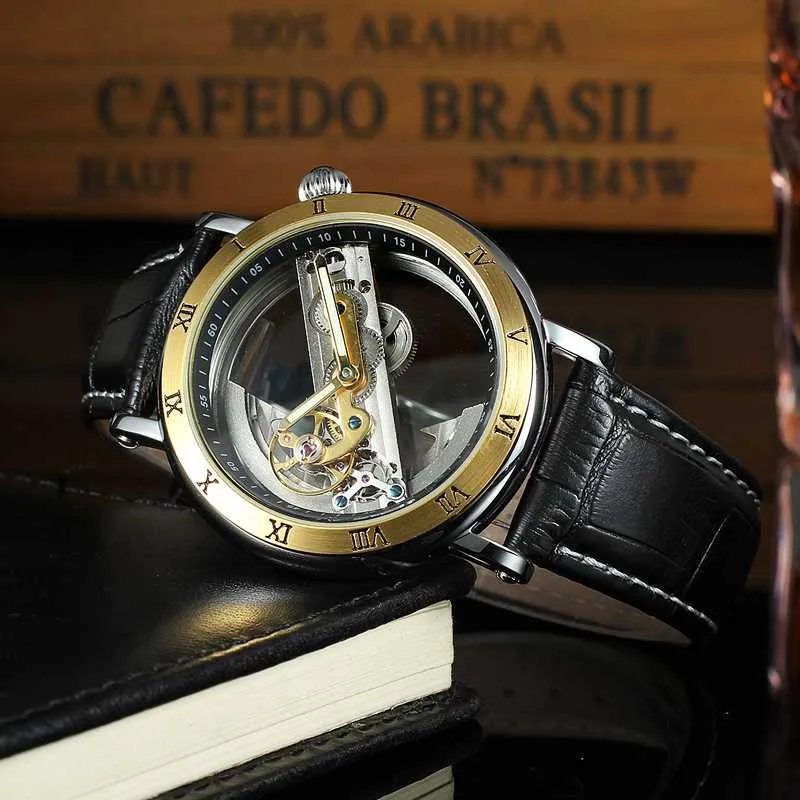 Przezroczysty mody przezroczysty szkielet mechanicznych mężczyzn Watch skórzany zegar biznesowy Starp Business