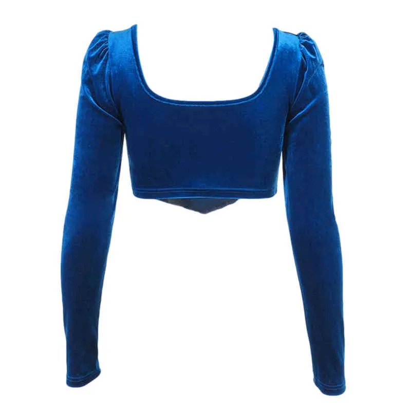 Women Crop Tops Velvet Solid Color Sweetheart-Neck Low-Cut Blue Long Sleeves Tight Camisole G220228