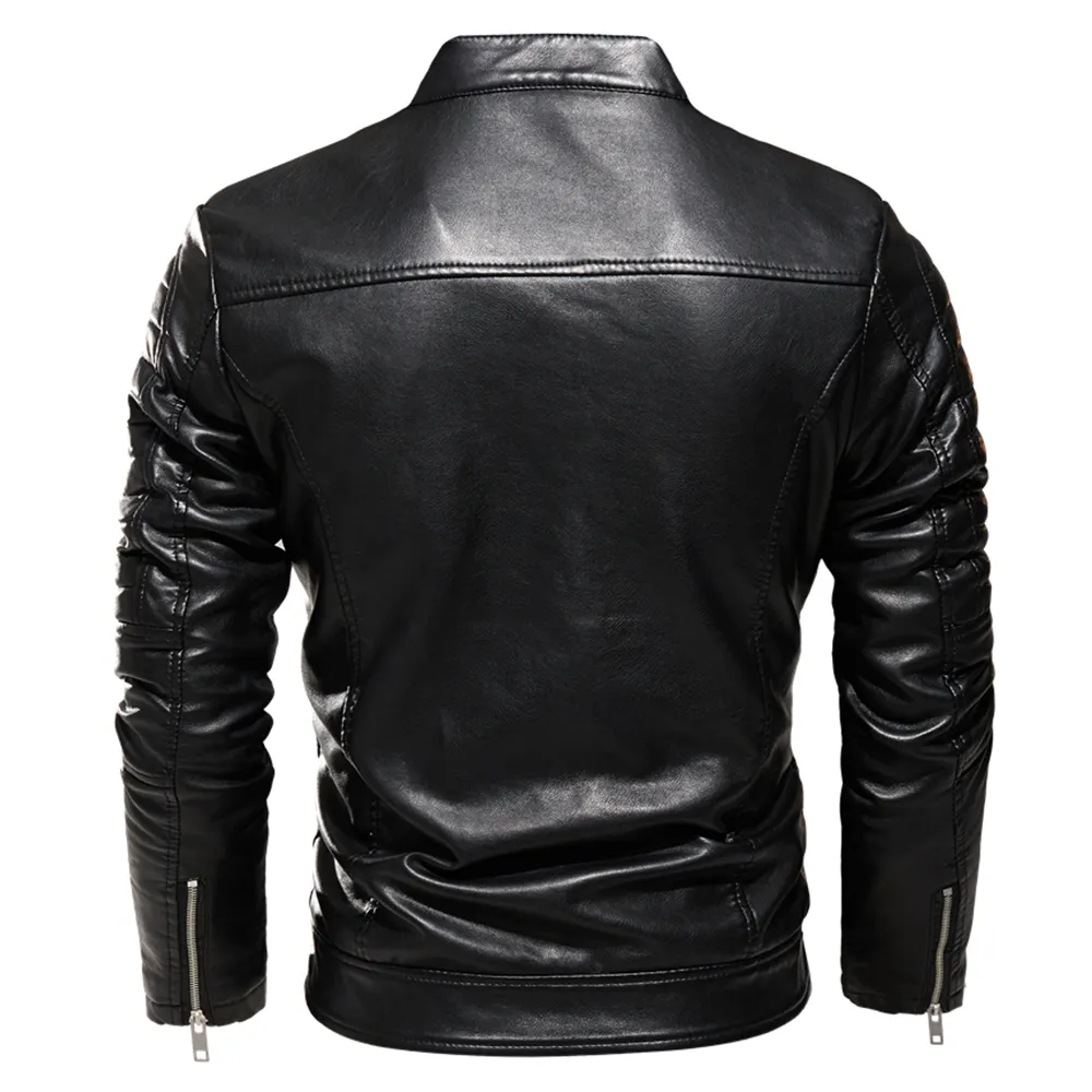 Vinter svart skinnjacka m￤n p￤ls fodrad varm motorcykeljacka Slim Street Fashion Black Biker Coat Pleated Design Zipper 201114