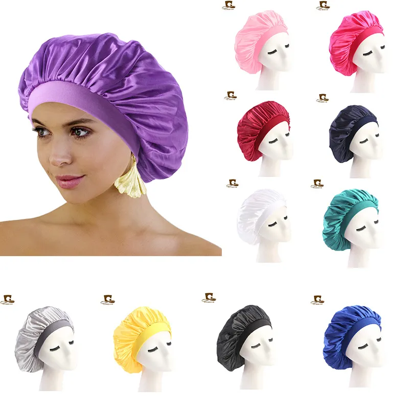 30 adet Saten Bonnet Kadınlar Için İpeksi Gece Uyku Kap Katı Renk Rahat Saç Bakımı Bayanlar Makyaj Şapkalar Kızlar Duş Şapka