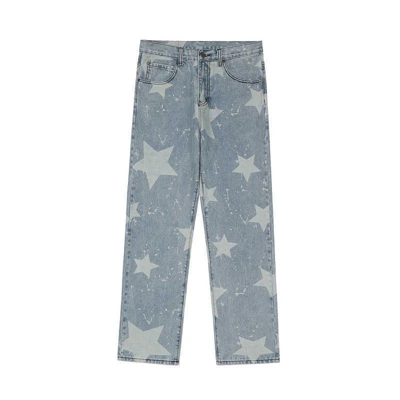 Mäns Jeans High Street Hip Hop Star Print Loose Casual Jeans Daddy Pants